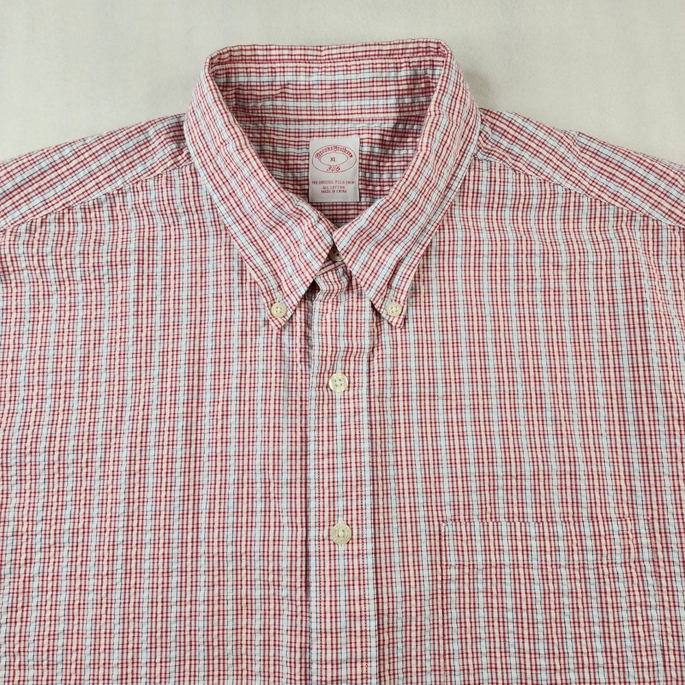 Brooks Brothers Seersucker Shirt Mens XL Red White Short Sleeve Button Down 346